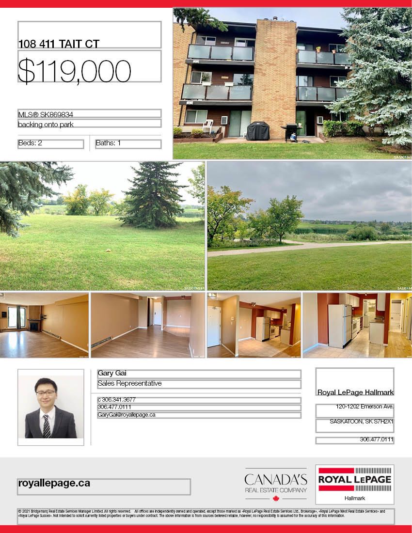 Wildwood小区850尺2室1卫公寓出售。靠近8街，背靠绿地和高尔夫球场，景色优美，环境安静。近公园，等其他生活设施，公交线路发达，交通非常便利。一层公寓，含阳台，一个地上车位，独立洗衣烘干机。屋内有壁炉，厨房设备齐全。挂牌价格：$119，000。有意请联系地产经纪Gary