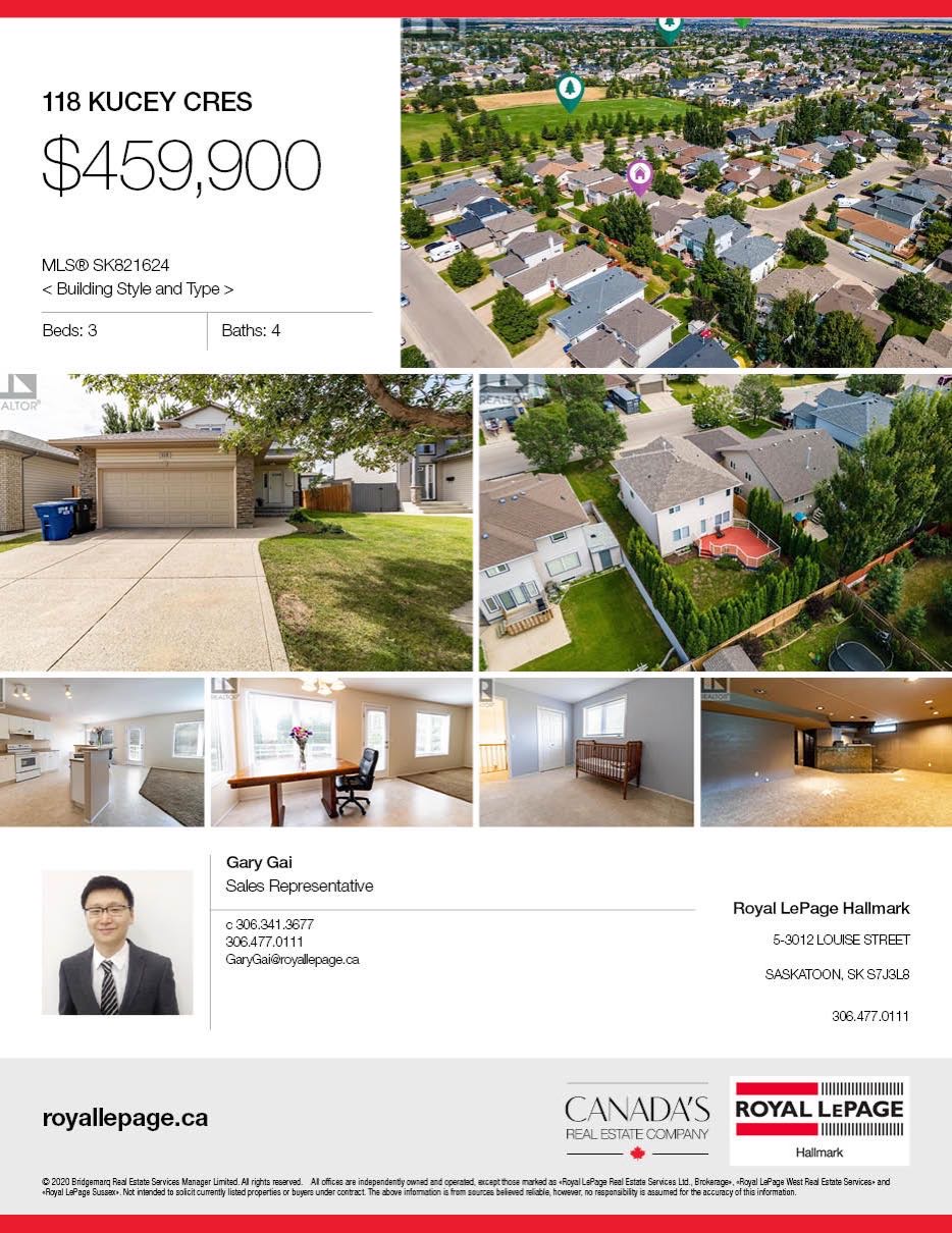 Arbor Ceek小区2001年建 1677尺 3房4卫独立屋出售，近公园，附近购物，高中。一楼开放式厨房餐厅客厅；二楼3房两卫，主卧带洗手间，地下室装修有一大厅一卫；双车库，设备：新风系统。 新换瓦片。挂牌价格：$459900。详情联系Royal LePage地产经纪Gary