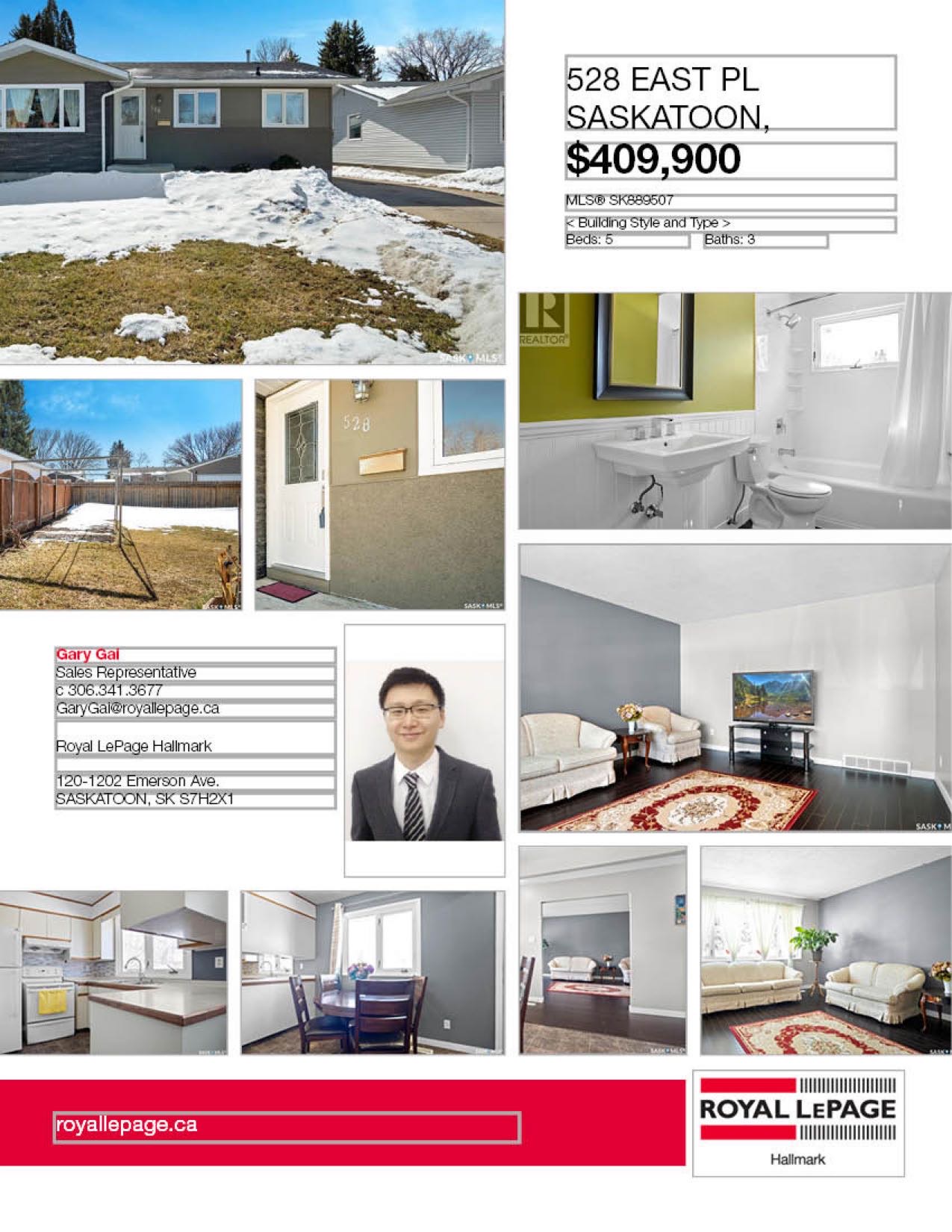 Eastview小区步行至小学及Market Mall 购物中心。5 房3卫 双厨房独立屋出售。保养极佳，更新有pvc节能窗户，瓦片，合成木地板，高效锅炉热水器，升级后院园林。主层3房一厅一卫。地下室独立出入口，独立厨房，两房一厅两卫。另有双车库。三车道。挂牌价格：$409900