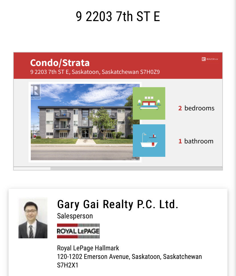 8街Superstore对面860尺2室1厅公寓出售。本地西人业主保养极佳，更新地板，厨房橱柜，大理石台面，不锈钢家电。带独立洗衣机烘干机，较新装修厨房卫浴，带地上一个停车位。挂牌价格 $149000。详情联系地产经纪Gary Gai 盖王睿 3063413677 - 2