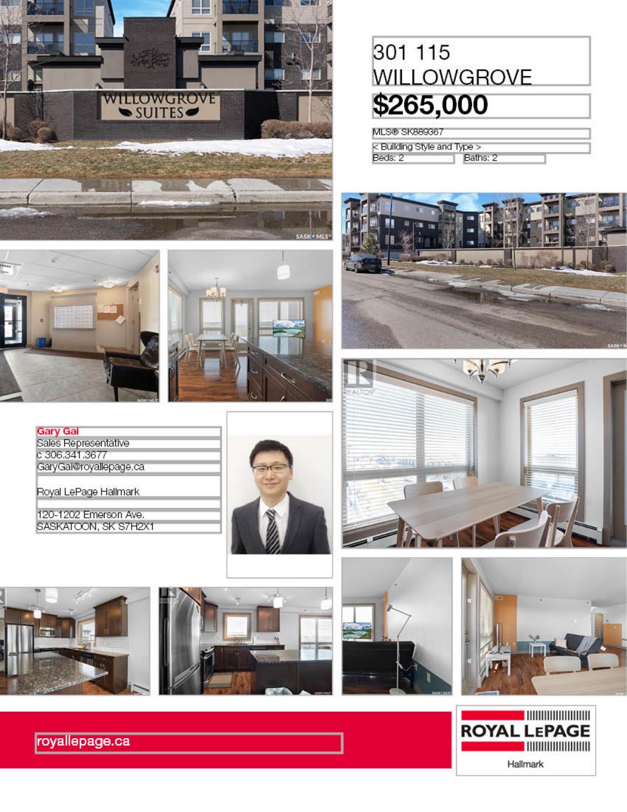 Willowgrove核心区域961尺顶楼边户公寓出售。步行至小学公寓等。高档电梯公寓楼，安静整洁。2室2卫带一个加热地下停车位外加一个地上停车位。采光好，3面多窗户，无遮挡一览好景色。高档合成木地板，大理石台面，枫木带阻尼橱柜，不锈钢家电，中央冷气。整体保养如新。另有公共会客区