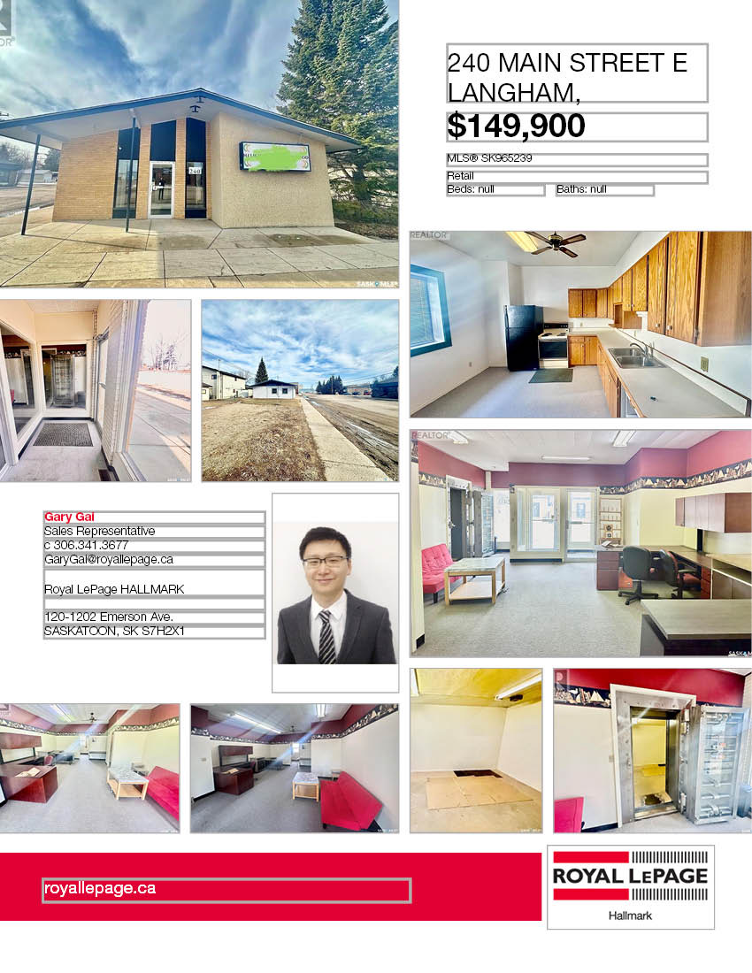 离Saskatoon 30分钟1600人小镇Langham中心主街商业物业出售。主楼层约有1400平方英尺，建筑包括一个宽敞的前台接待区和私人办公室，以及会议室，宽阔地下室空间，后方带有厨房、浴室和卧室的独立生活区。适用于零售、办公室、诊所、仓库或小型企业，商业自住两用。挂牌价格：$149900。有意请联系地产经纪Gary Gai 3063413677 微信：gary3677 网站：garygai.com