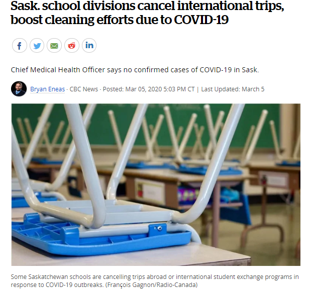 由于COVID-19新冠状病毒，萨省学校部门取消国际旅行，加强清洁工作！