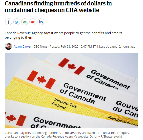 快看！加拿大人在CRA网站上发现数百加元的无人认领支票！