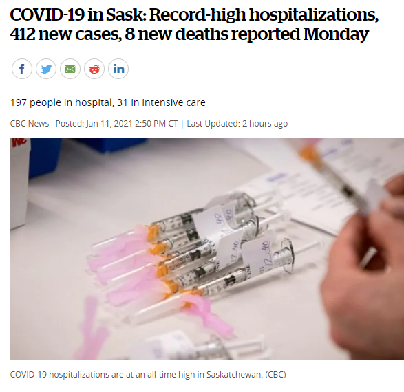 萨省新冠状肺炎: 创纪录的住院人数，412例新病例，8例新死亡！