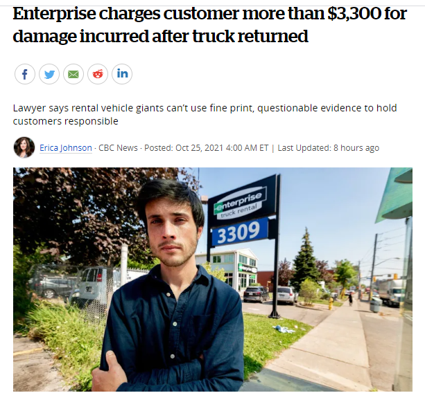 Enterprise 租车公司向客户收取超过3300加元的卡车退车损失费用！