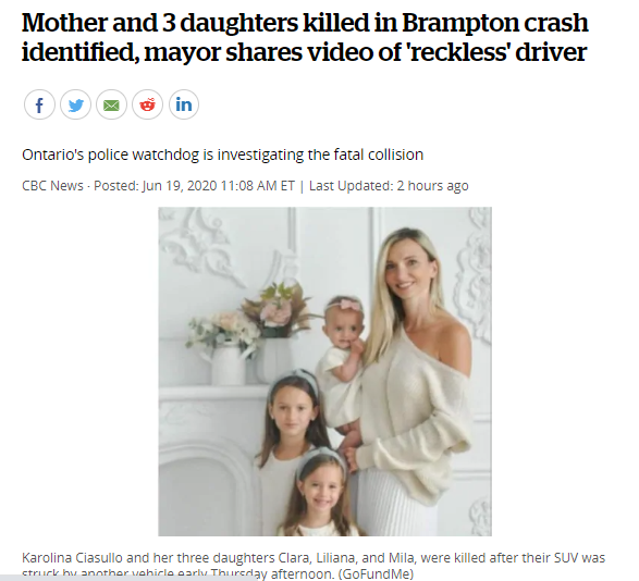 惨痛！天主教老师和她的3个女儿在Brampton布兰普敦车祸中丧生，市长分享了“鲁莽”司机的视频!
