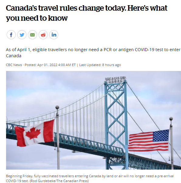 今天4月1日起，完全接种疫苗的旅客进入加拿大将不再被要求提供入境前COVID-19检测！