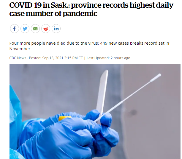 今日萨省新冠肺炎病例数最高，449例新病例，4人死亡，萨斯喀彻温省计划增加重症监护室床位！