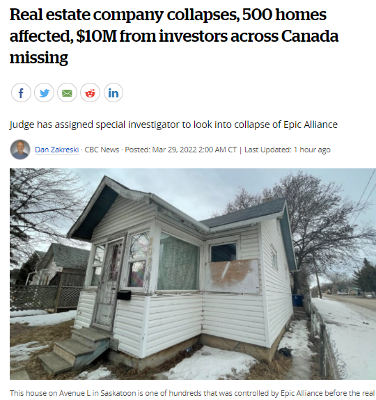 萨省房地产公司倒闭，500栋房屋受到影响，加拿大各地投资者的1000万加元失踪！