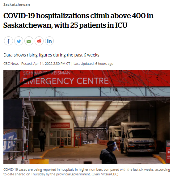 萨斯喀彻温省COVID-19住院人数超过400人，有25名患者住在重症监护室！