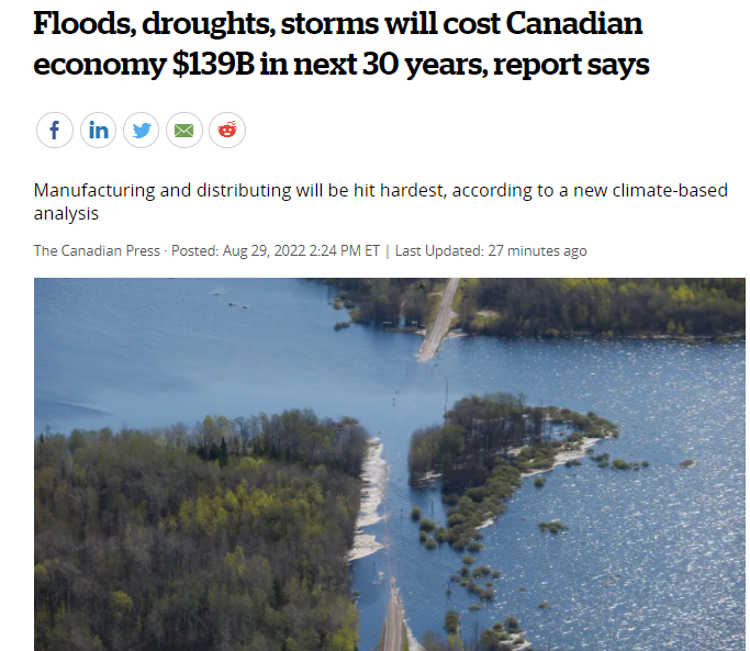 报告称，未来30年，洪水、干旱和风暴将给加拿大经济造成1390亿加元的损失！