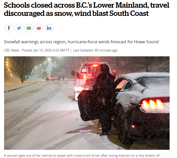 BC省低陆平原区的学校不上课，附上学校名单，由于强风暴雪恶劣天气！