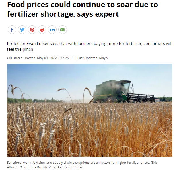 专家表示，由于化肥短缺，食品价格可能会继续飙升