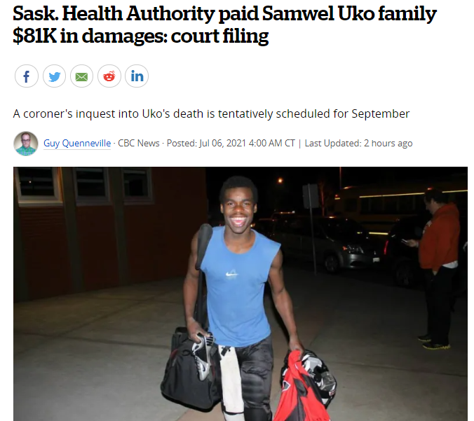 萨省卫生当局向Samwel Uko家庭支付了8.1万加元的损害赔偿！