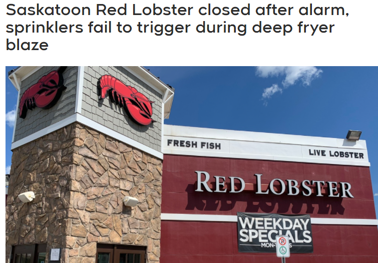 萨斯卡通 Red Lobster餐厅因炸锅起火现关闭营业！