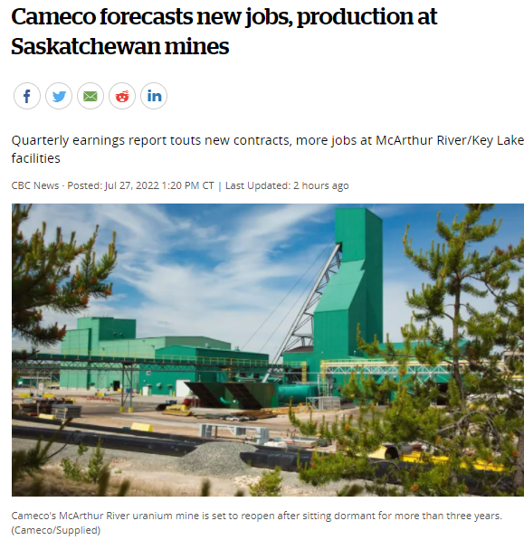 Cameco公司预测萨斯喀彻温省的矿山会有新的就业机会和产量!