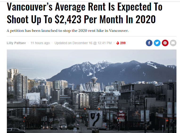 预计温哥华的平均租金将在2020年达到每月$ 2,423！