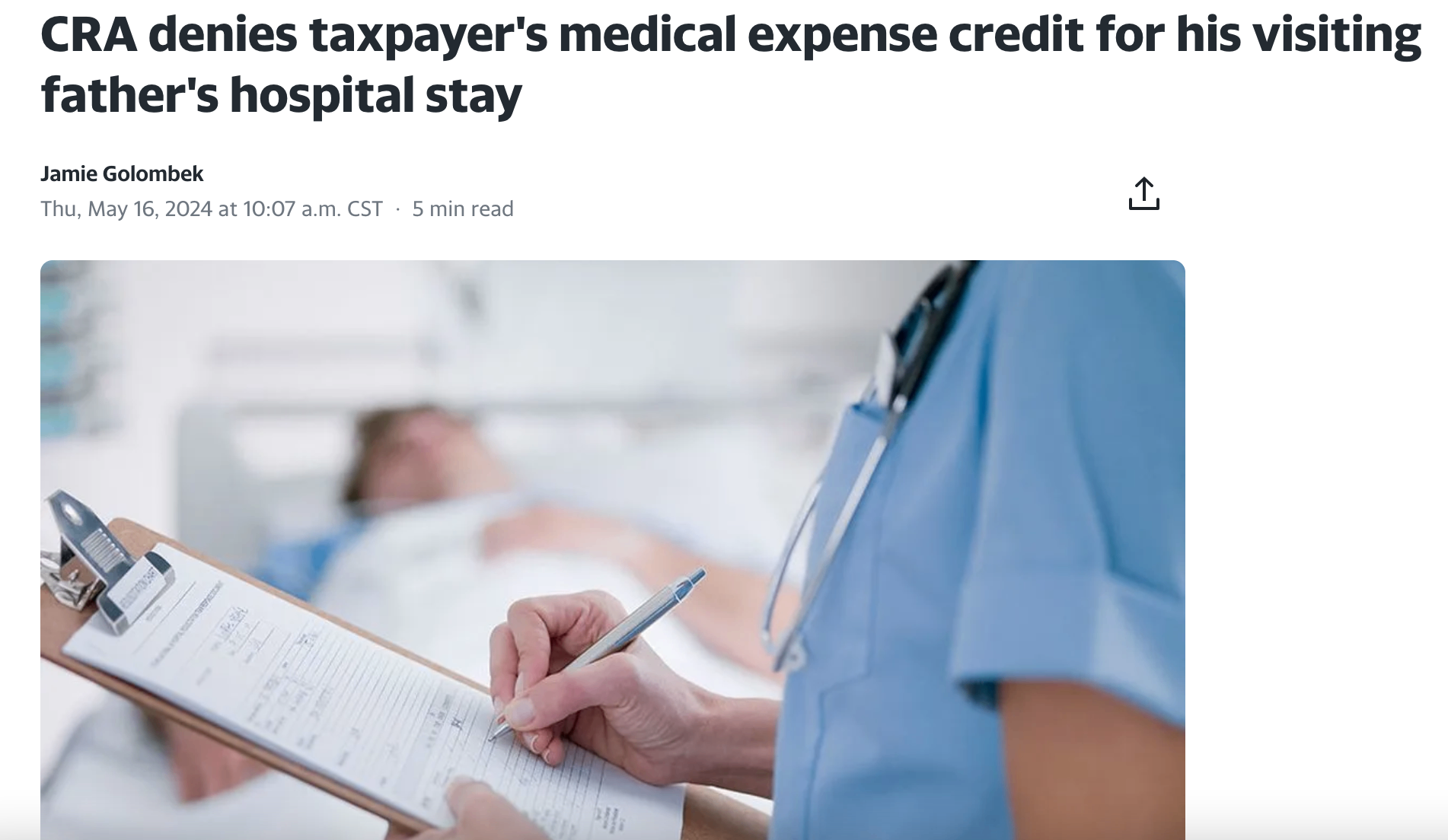 CRA 拒绝纳税人为其探望的父亲住院期间提供医疗费用抵免