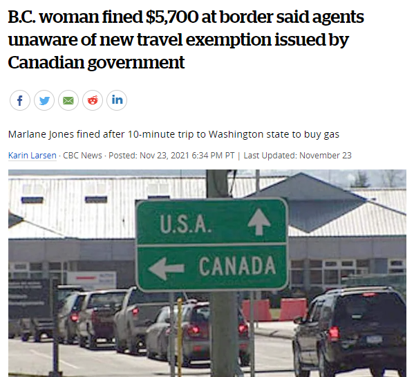 一名BC省老人去美国加油在边境被罚款$5700，边境工作人员说他们不知道加拿大政府发布的新的旅行豁免！