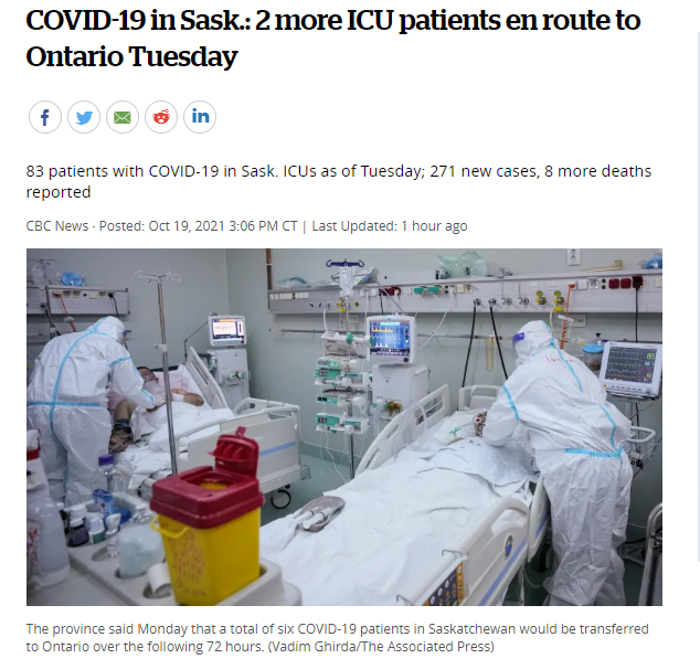 周二萨省新增 271 例， 8 例死亡，有2名重症监护室患者转移到安大略省!