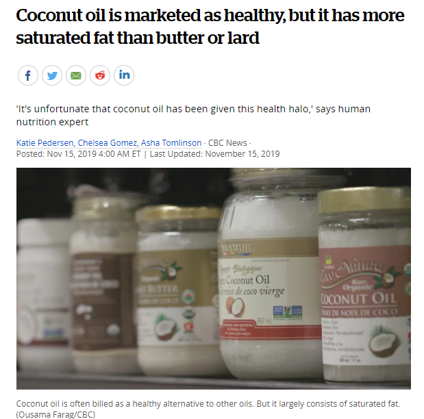 椰子油被宣传为健康食品，但它含有比黄油或猪油更多的饱和脂肪!
