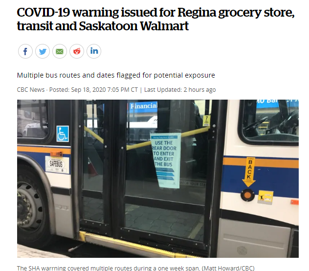 Regina杂货店、公交车和萨斯卡通沃尔玛发出COVID-19警告，今日萨省新增19例，加国公共卫生局局长辞职！