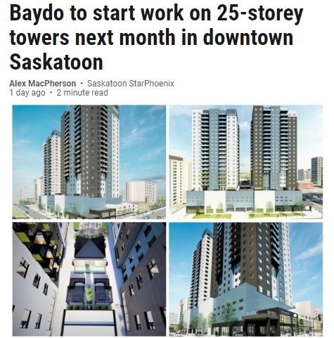 Baydo下个月将在萨斯卡通市中心开始建造25层的双子楼！