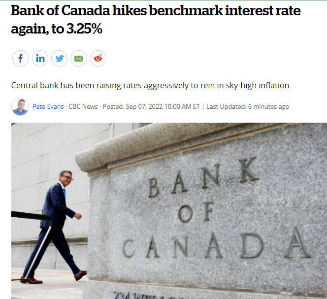 今天加拿大银行再次上调基准利率至3.25%！