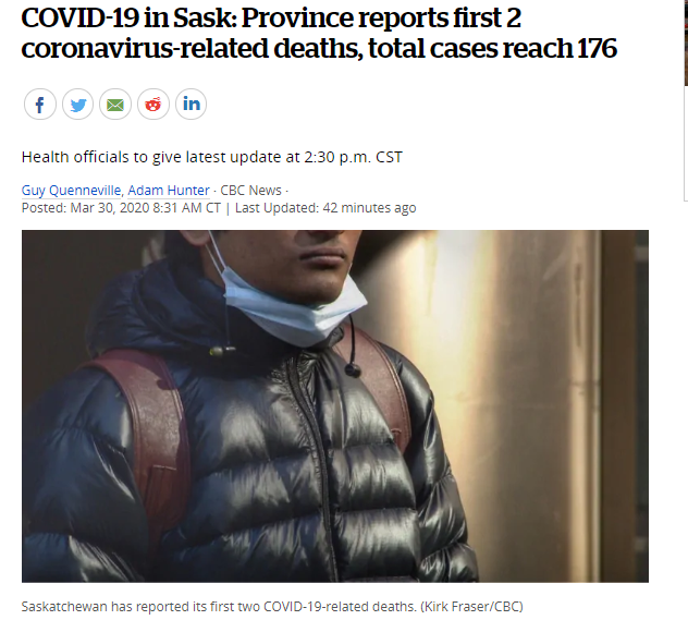 萨省covid19:报告了首2例与冠状病毒相关的死亡，总病例达到176例！远程学习本周开始为学生们准备!