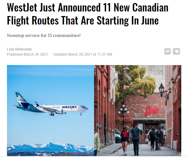 西捷航空公司刚刚宣布将在6月份开通11条新的加拿大航线！