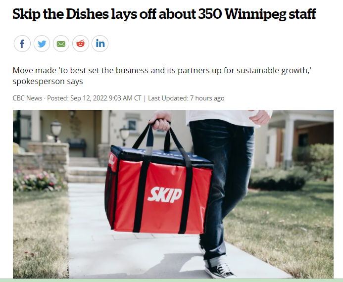 加拿大正在失去工作，退休人数创新高！Skip the Dishes解雇了温尼伯约350名员工