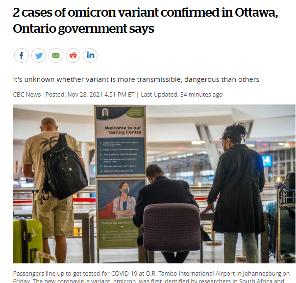 今日渥太华确诊了2例omicron 变异病例！
