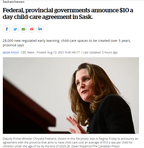 周五，联邦政府和萨省政府宣布了每天10加元的托儿协议！