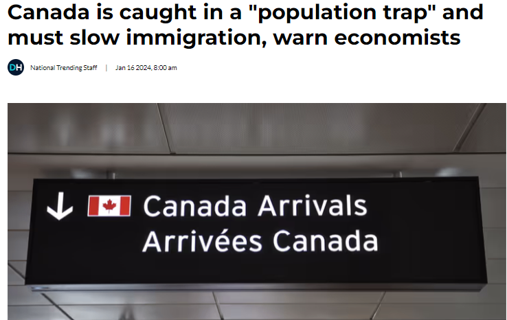 经济学家警告称，加拿大陷入“人口陷阱”，必须减缓移民速度,2023年底非永久居民的人数激增至 250 万艾伯塔省非永久居民人数飙升至18万人