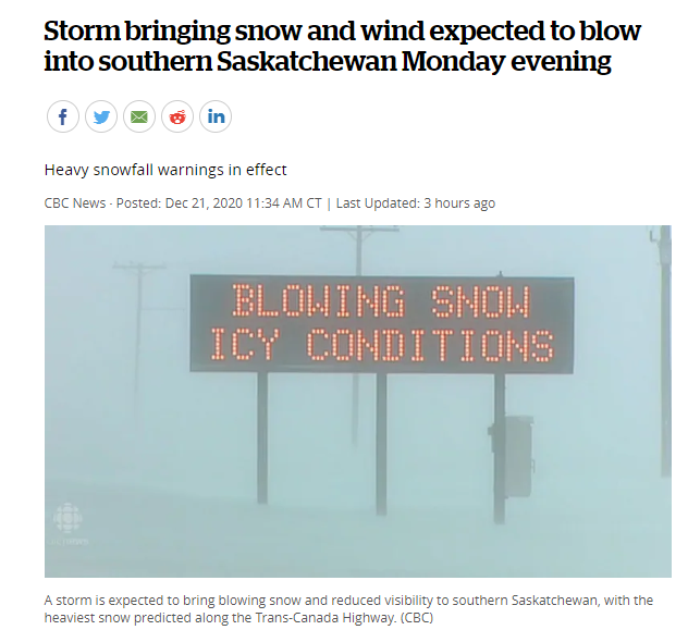12月21日周一晚上，暴风雪伴有强风和大雪将袭击萨斯喀彻温省南部地区！今日萨省新增206例，死亡4例！
