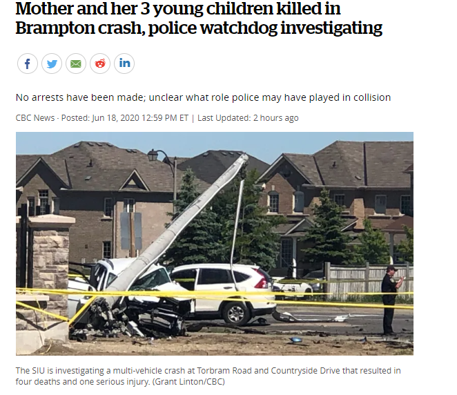 惨烈！大多伦多发生致命车祸，母亲和她的3个孩子在Brampton市的车祸中死亡！