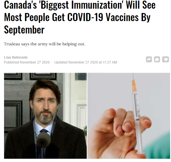 喜讯！特鲁多今日表示大多数加拿大人应在2021年9月之前接种疫苗！