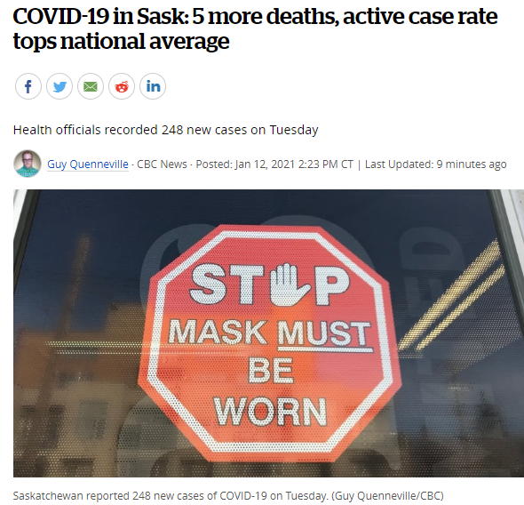 萨省今日新增248例COVID-19病例，死亡5例！公共卫生措施将持续到1月29日！
