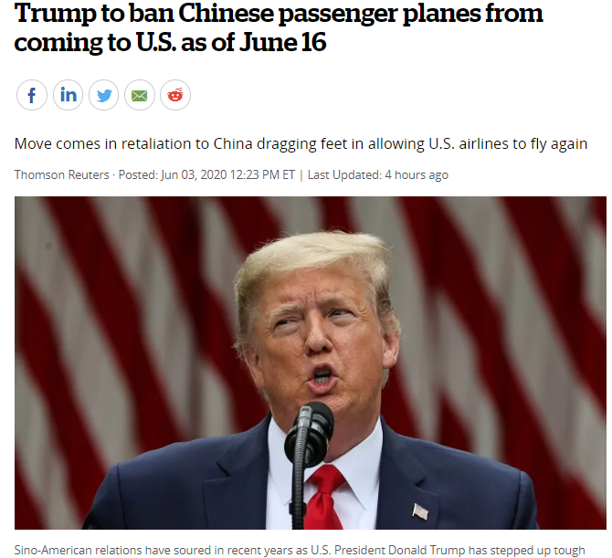 6月16起，美国禁止中国载客航班​！