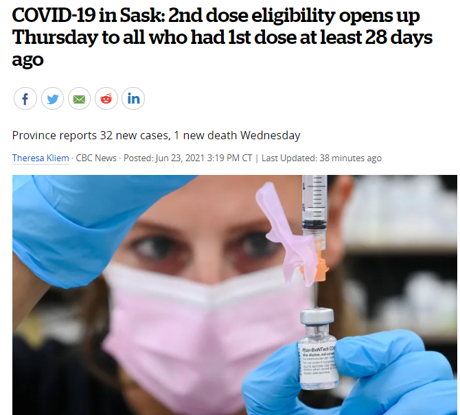 萨省周四向至少28天前第一次接种的所有人开放第二次接种资格！