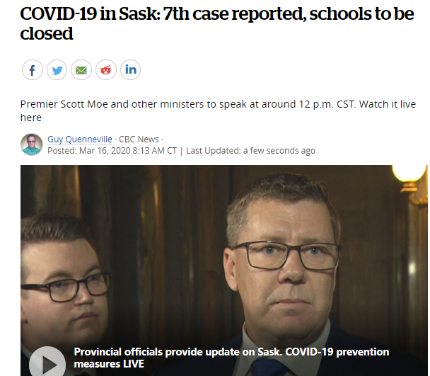 COVID-19:萨省报告第7例，学校将关闭，公共图书馆及休闲中心将关闭,SaskTel免除数据超额收费!