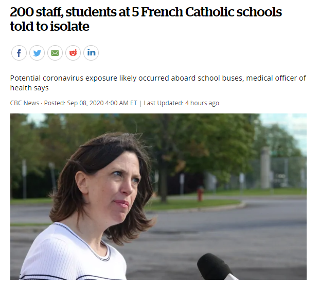 今日是萨省学生返校第一天，今日萨省新增7例，渥太华5所French天主教学校的200名教职员和学生被要求隔离!