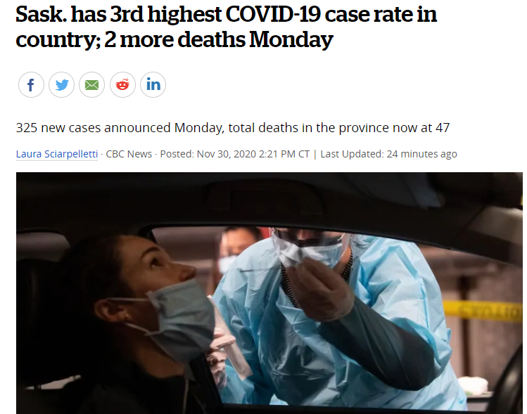 萨斯喀彻温省的病例率现在是加拿大第三高，今日萨省新增325例，死亡2例！