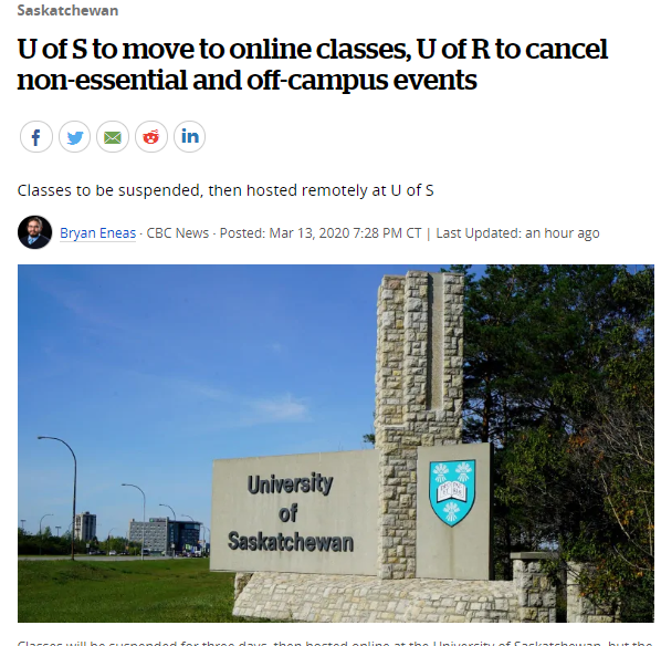 萨大U of S改为在线课程，里贾纳大学取消非必要的校外活动