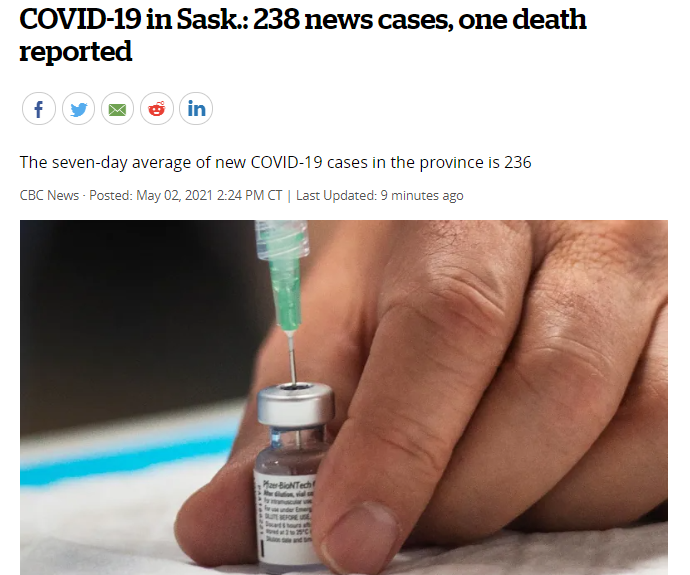 周日萨省报告新增238例COVID-19病例;1例死亡，161例变种病例！