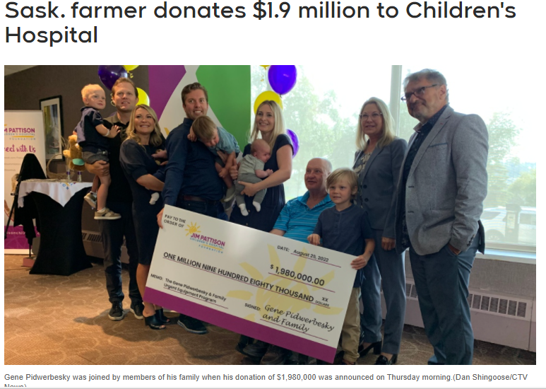 萨省一位农民向儿童医院捐赠了198万加元！