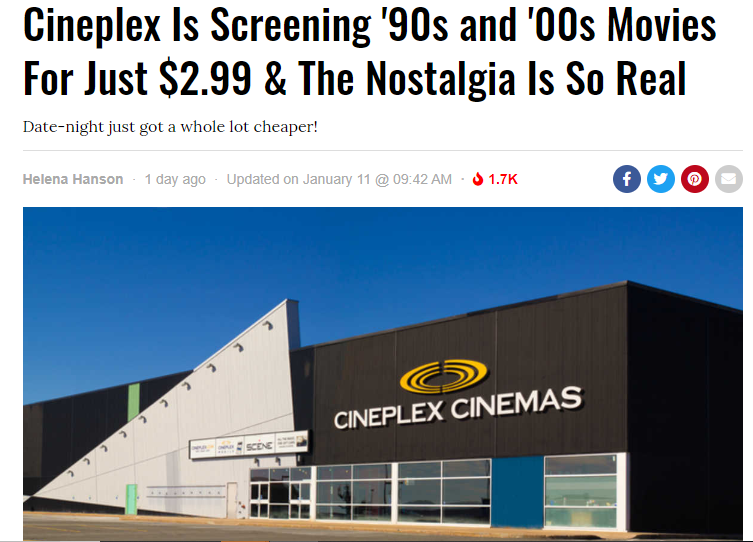 Cineplex电影院放映90年代和00年代的电影，只要$2.99！
