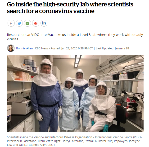 加拿大的一个高度安全的实验室在萨大，科学家们正在研究一种冠状病毒疫苗