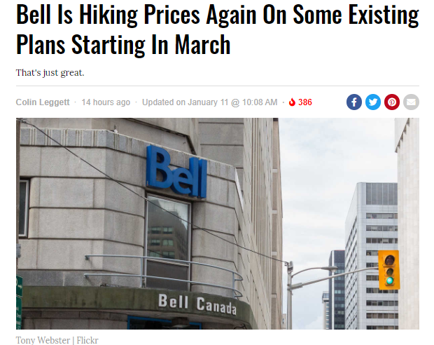 Bell 从3月份开始再次上调一些现有计划的价格